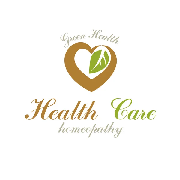 用绿叶装饰的病媒爱心 健康中心抽象的现代标志类型可用于医疗和社会主题广告 坚强的心是健康的 — 图库矢量图片