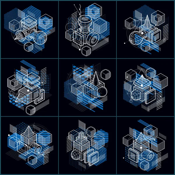 Desenhos Abstratos Com Formas Figuras Malha Linear Fundos Isométricos Vetoriais — Vetor de Stock