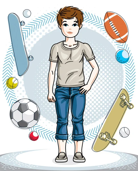 Lindo Niño Adolescente Feliz Posando Usando Ropa Casual Moda Carácter — Vector de stock