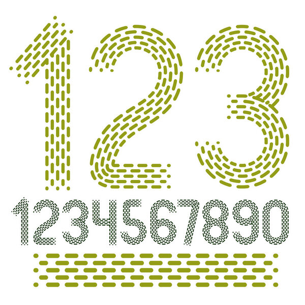Vector numbers, modern numerals set. Rounded bold retro numeration from 0 to 9 can be used for logo creation, press. Made using rhythmic strokes and dashed lines.