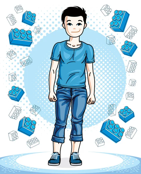 若い十代の少年かわいい素敵な立っているスタイリッシュなカジュアルな服で ベクトルの魅力的な子供のイラスト 小児生活漫画 — ストックベクタ