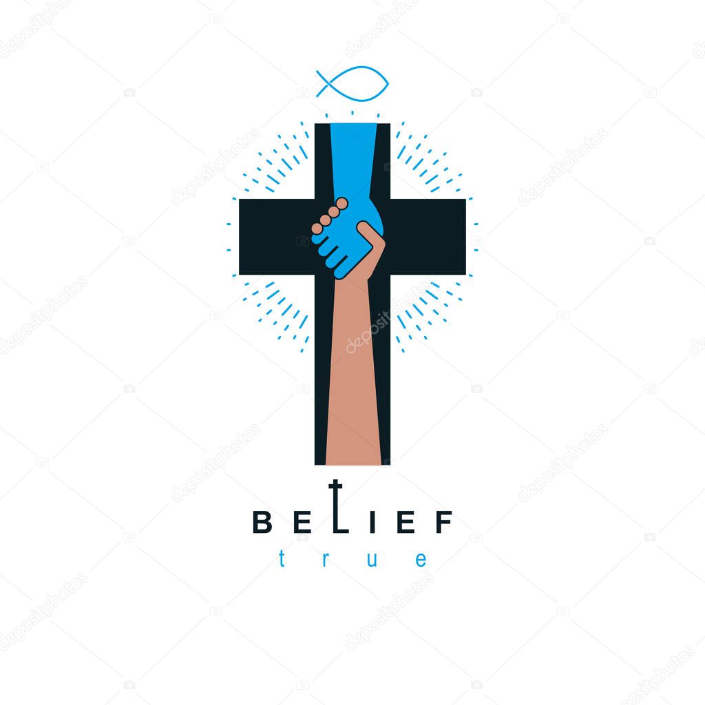 Hand of God shaking the hand of believer, helping and love of Jesus. Christian Cross vector symbol, Christianity God religion icon.