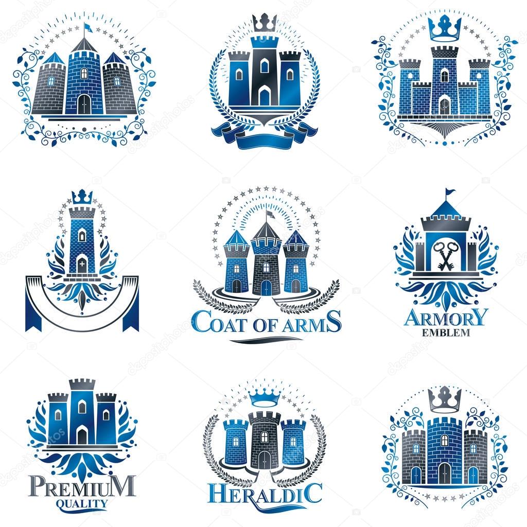 Ancient Citadels emblems set. Heraldic vector design elements collection. Retro style label, heraldry logo.