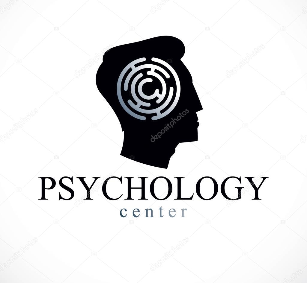 Mental health and psychology conceptual logo or icon created with man face profile and maze, psychoanalysis and psychotherapy of human mind concept. Vector simple classic design.