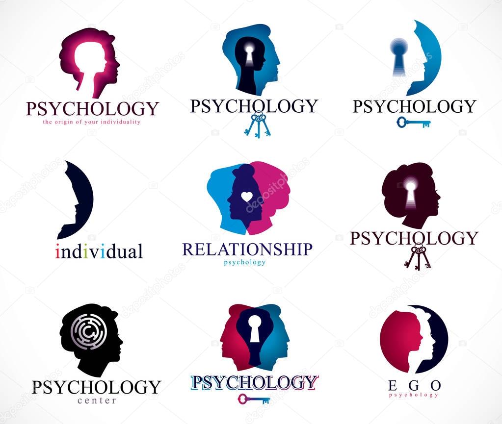 Psychology, brain and mental health vector conceptual icons or logos set. Relationship and gender psychology problems and conflicts, psychoanalysis and psychotherapy, personality and individuality.
