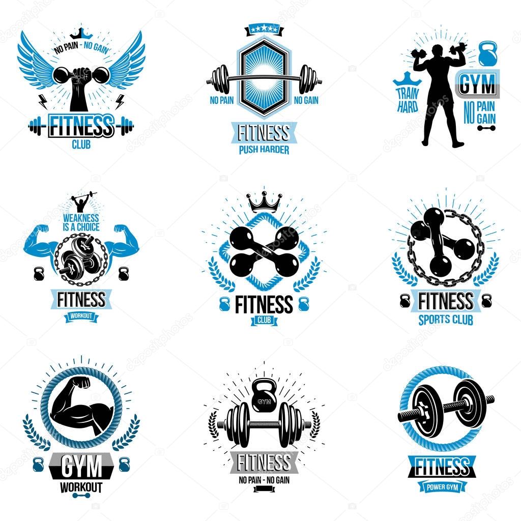 Vector weightlifting theme logotypes and inspirational leaflets collection made using dumbbells, barbells, disc weights sport equipment and strong man perfect body.