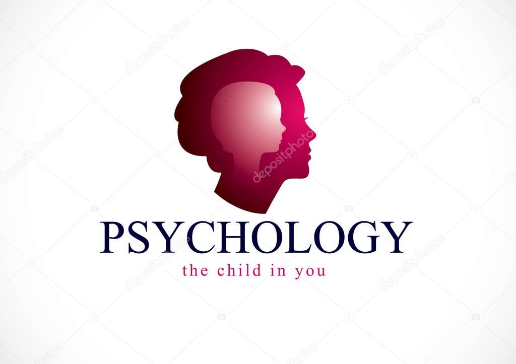 Psychology, mental health vector design, created with woman head profile and little child girl inside, inner child concept, origin of human individuality and psychic problems. Therapy and analysis.