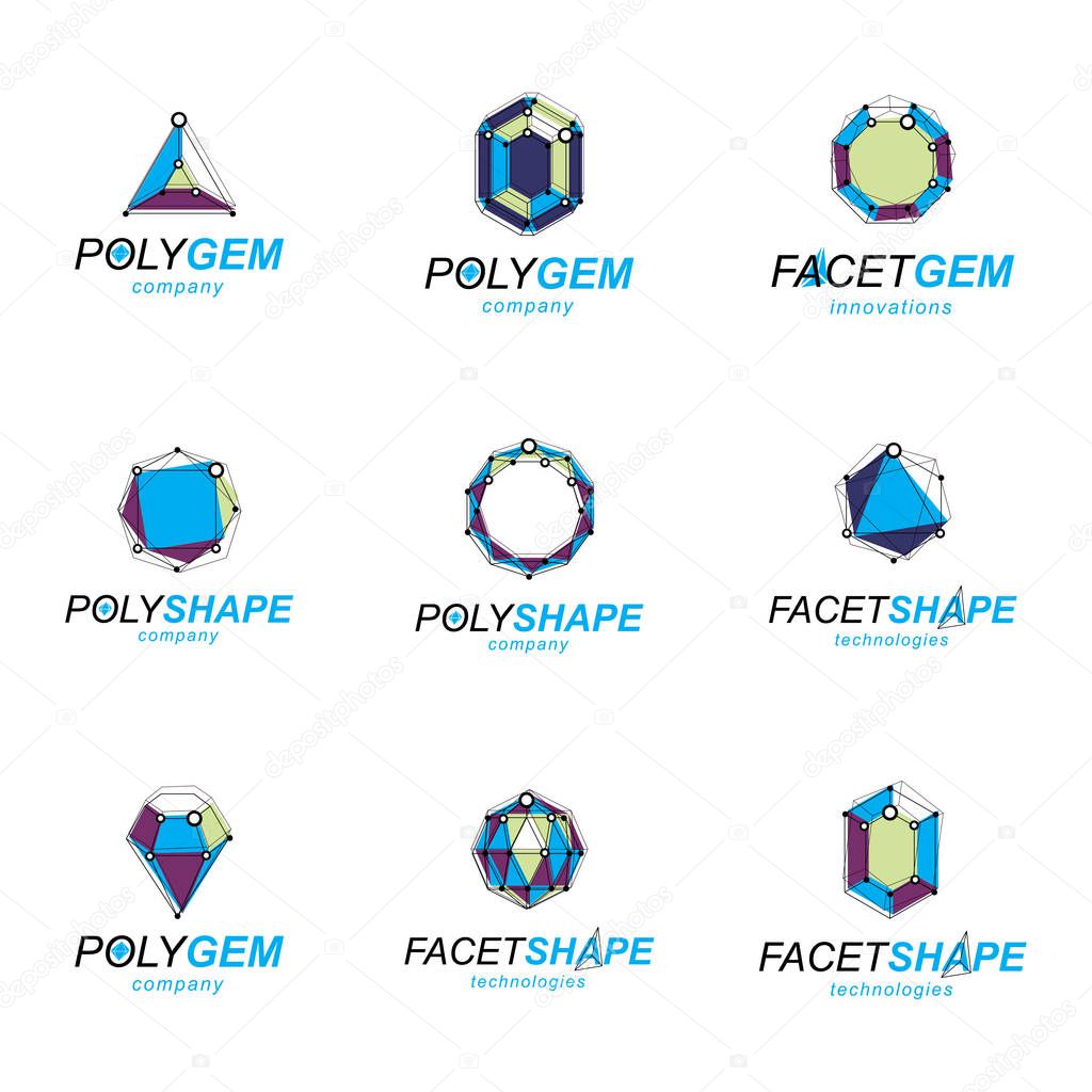 Set of perspective technology shapes, polygonal wireframe objects collection. Collection of diamond design elements.