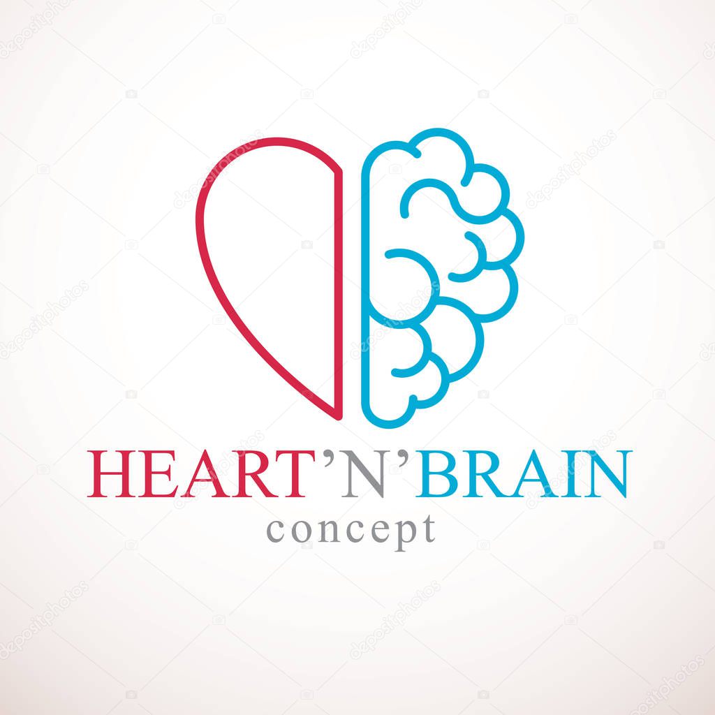 Heart and Brain concept, conflict between emotions and rational thinking, teamwork and balance between soul and intelligence. Vector logo or icon design.