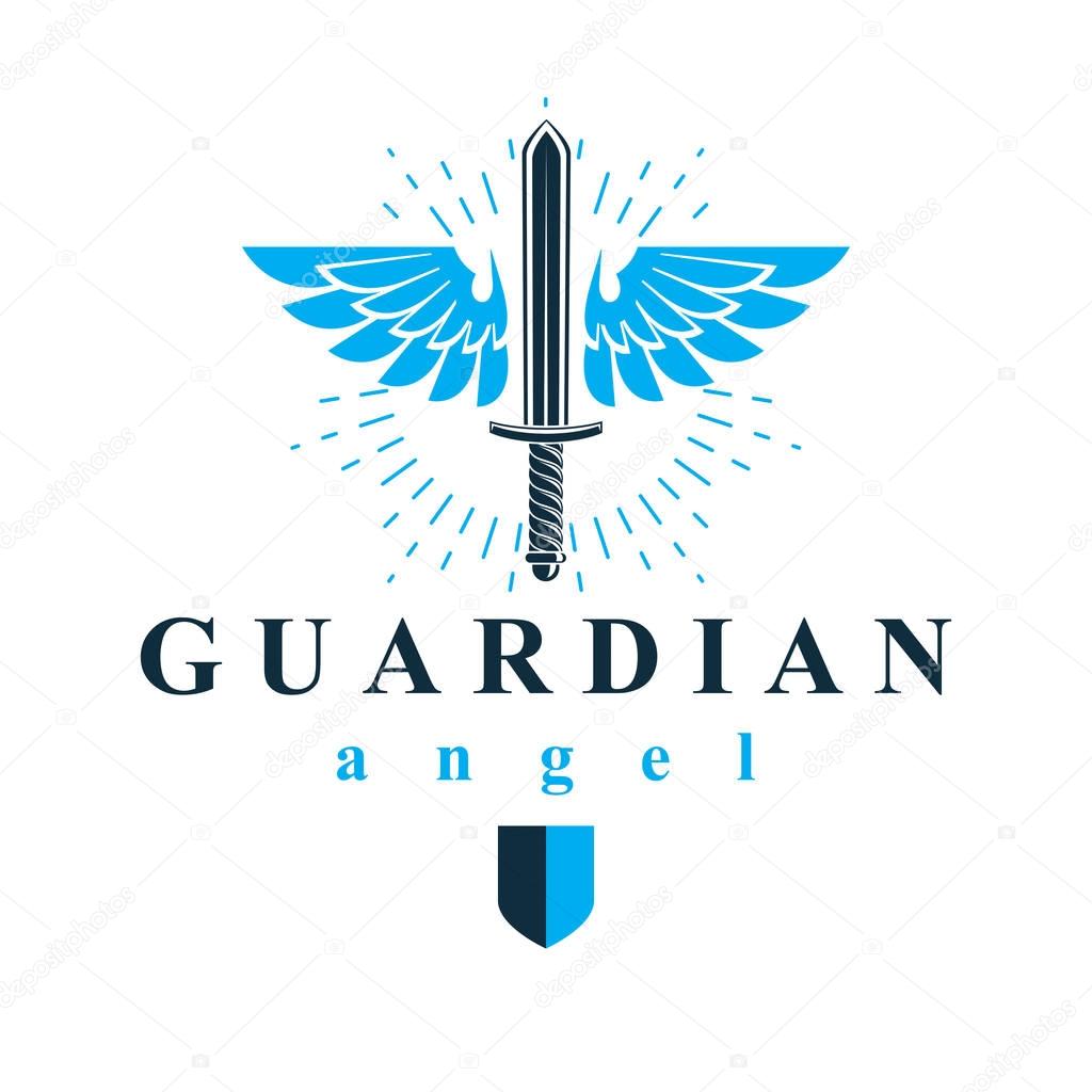 Vector graphic illustration of sword composed with bird wings, war and freedom metaphor symbol. Guardian angel vector abstract emblem.