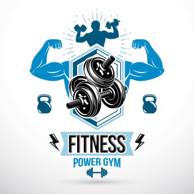 Güçlü sporcu pazı kol, disk ağırlık aptal bell ve su ısıtıcısı çan Spor donatımı ile oluşturulan grafik vektör amblemi. Halter spor salonu ve fitness club için spor amblemi