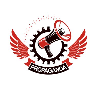 Vektör logo mühendislik cog wheel tarafından çevrili megafon ekipman ile oluşan kanatlı. Proleter devrim soyut işareti, siyasi propaganda.