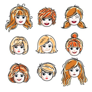 Sevimli gülümseyen kız yüzleri olumlu duygular, vektör insan kafa çizimler ifade topluluğu. Kızıl ve sarışın genç kızlar ile güzel bir yüzü, clipart kümesi.