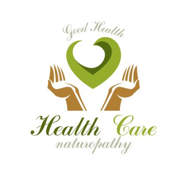 Kalp holding şefkatli eller. Alternatif Tıp kavramı, vektör Fitoterapi logo. Güçlü kalp iyi sağlıktır.