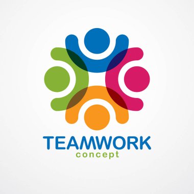 Takım çalışması ve arkadaşlık kavramı basit geometrik elementlerle yaratıldı. Vektör simgesi ya da logo. Birlik ve işbirliği fikri, iş adamlarından oluşan rüya takımı renkli tasarım.