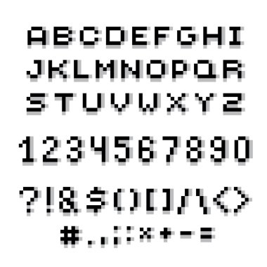 Vektör modern sayılar, harfler ve noktalama işaretleri teknoloji tarzında hazırlandı. Geometrik sarhoş rakam ve yazı tipi, 0 numara 9 3d noktalı 8 bit.