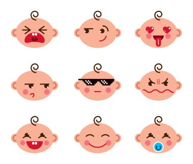 Şirin Bebek çizgi film vektör düz Icons set emoji gülen koleksiyon, çok güzel, mutlu, gülümseyen, gülüyor, dilini gösteren, dil, ağlıyor, üzgün ve kızgın gösterilen piksel gözlük cool.