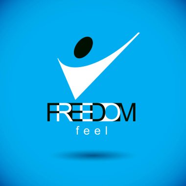 Vektör çizim ile yükseltilmiş kadar ulaşan heyecanlı soyut adam. Başarılı iş kariyer amblemi. Kurumsal Gelişim logosunu görmeniz gerekir. Özgürlük yaratıcı logo.