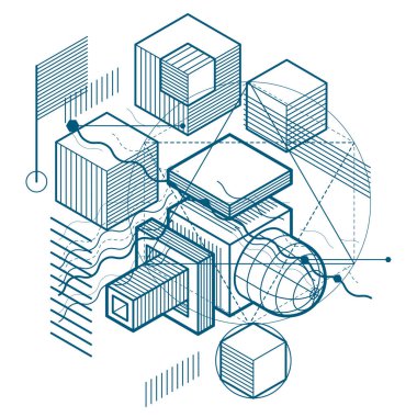 3B şekiller kompozisyon soyut, izometrik arka plan vektör. Kompozisyon küpleri, Altıgenler, kareler, dikdörtgenler ve farklı soyut öğeler.