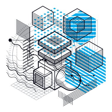 İzometrik doğrusal soyut vektör arka plan, çizgili soyutlama. Küpleri, Altıgenler, kareler, dikdörtgenler ve farklı soyut öğeler.