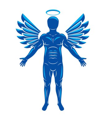 İnsan, atlet Melek kanatları ve yağmur bulutu kullanılarak yapılan vektör Illustration. Kutsal Ruh, melek yüzlü metafor.