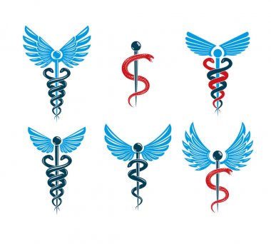 Kuş kanatları ve yılan kullanılarak oluşturulan Caduceus sembolleri vektör kümesi. Tıbbi tedavi ve rehabilitasyon Tema resimler.