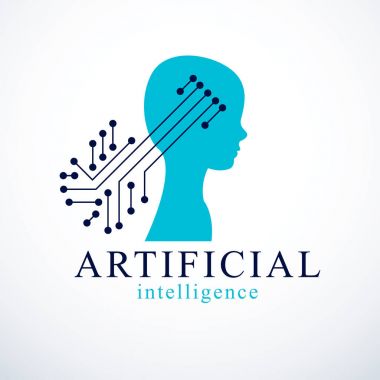 Bilgisayar insan android robot, yapay zeka konsepti. Elektronik elementler simgesi olan insan profili. Vektör logosu tasarımı. Akıllı yazılım, akıllı makineler ve bilgisayar programları fikri.