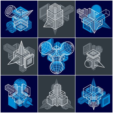 3D mühendislik vektörel çizimler, soyut şekiller koleksiyonu.
