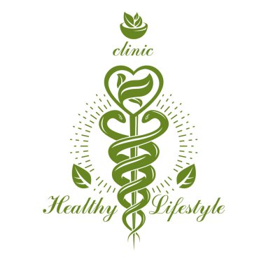 Caduceus vektör kavramsal amblemi harç ve havaneli ile yaratılmıştır. Sağlık ve uyum metafor. Alternatif Tıp kavramı, Fitoterapi logosu.