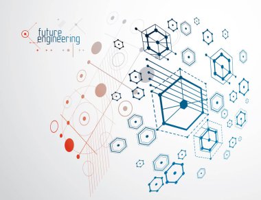 Teknik plan, grafik ve web tasarımında kullanmak için soyut mühendislik taslağı. Altıgenler, çizgiler ve dairelerle oluşturulan endüstriyel sistemin vektör çizimi.