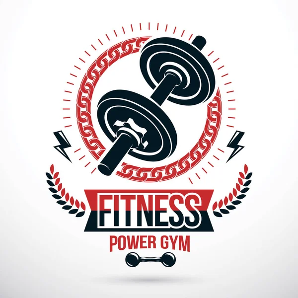 Vücut geliştirme halter spor vektör amblemi Spor Şablon kullanılarak dumbbell Spor donatımı ve yıldırım, gücünü sembol oluşturulan.
