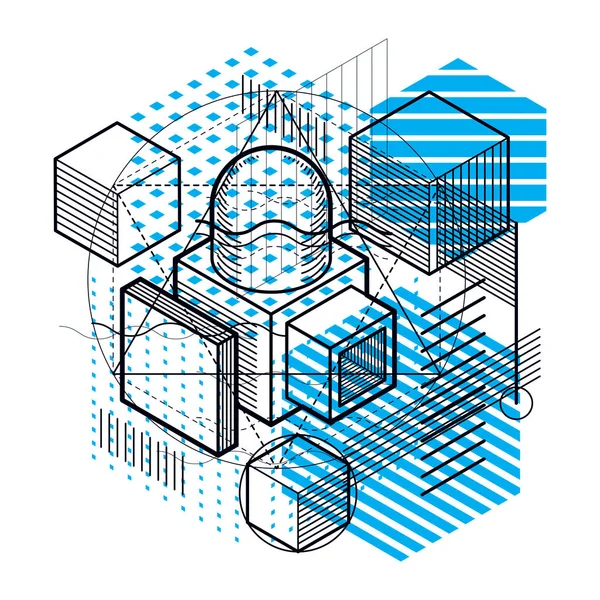 Fondo Vectorial Abstracto Con Líneas Formas Isométricas Cubos Hexágonos Cuadrados — Vector de stock