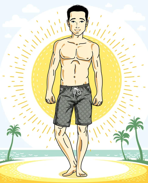 Красивый Брюнетка Молодой Человек Стоящий Тропическом Пляже Шортах Векторная Атлетическая — стоковый вектор
