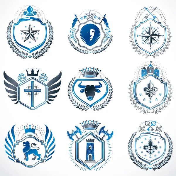 Ödül tarzında tasarlanmış vektör klasik hanedan arması. Ortaçağ kuleleri, cephanelik, kraliyet tacları, yıldızlar ve diğer grafik tasarım elementleri koleksiyonu. 