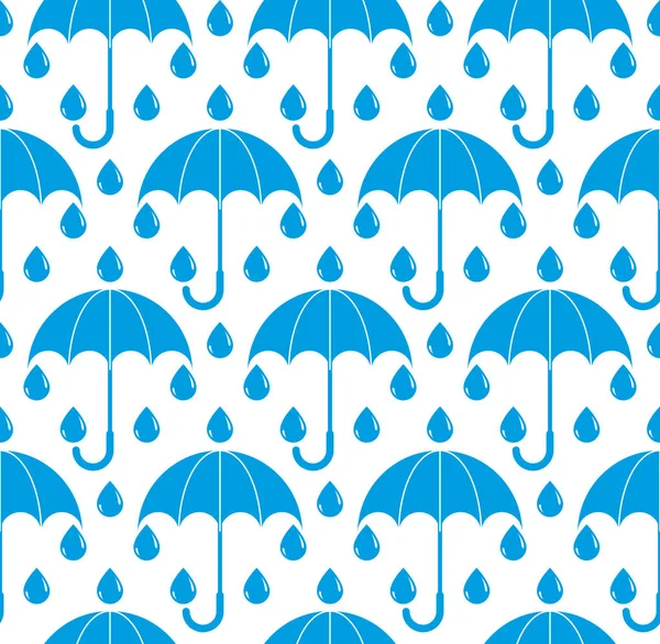 Rain Drops Umbrellas Seamless Pattern Vector Blue Colored Repeat Endless — Stock Vector