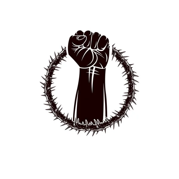 Vector Illustration Muscular Clenched Fist Strong Man Raised Surrounded Thorn — Stock Vector