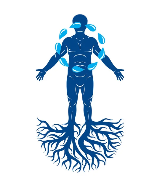 木の根と水滴の輪で構成された運動人間のベクトル図 人間の水は隠喩を留保します — ストックベクタ