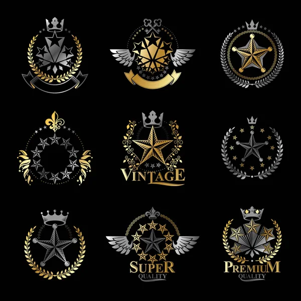 Stelle Pentagonali Set Emblemi Stemma Araldico Collezione Loghi Vettoriali Vintage — Vettoriale Stock