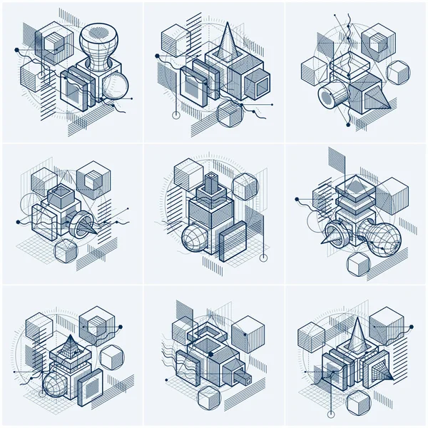 Абстрактні Конструкції Лінійними Фігурами Фігурами Векторні Ізометричні Фони Кубики Гексагони — стоковий вектор