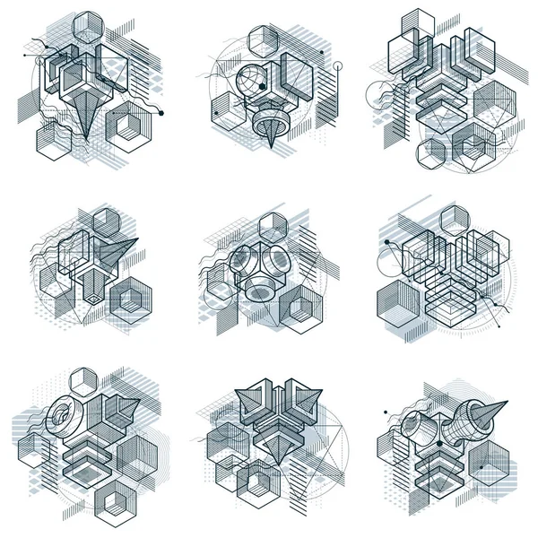 Fundos Vetoriais Abstratos Com Linhas Formas Isométricas Cubos Hexágonos Quadrados —  Vetores de Stock