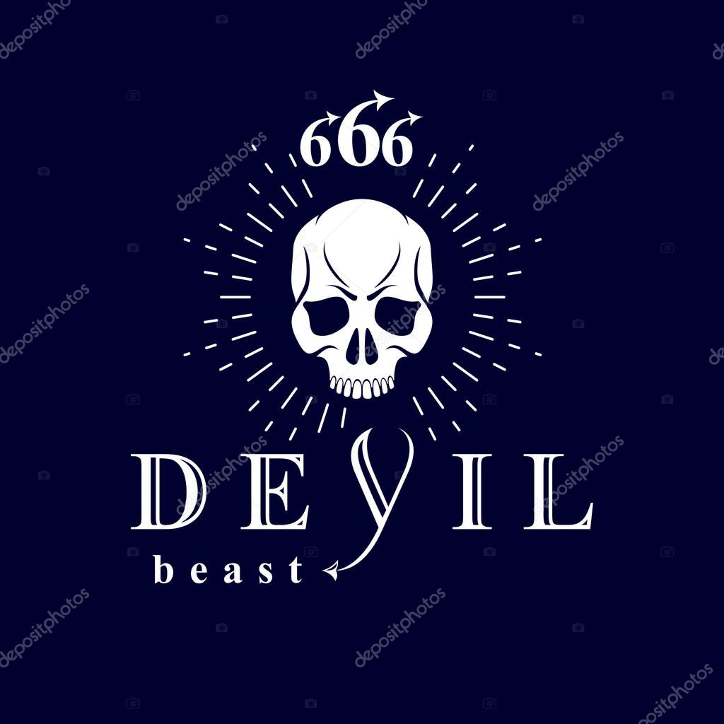 Vector black frightening dead head logo. Mystic infernal demon, evil Lucifer made with 666 numbers.