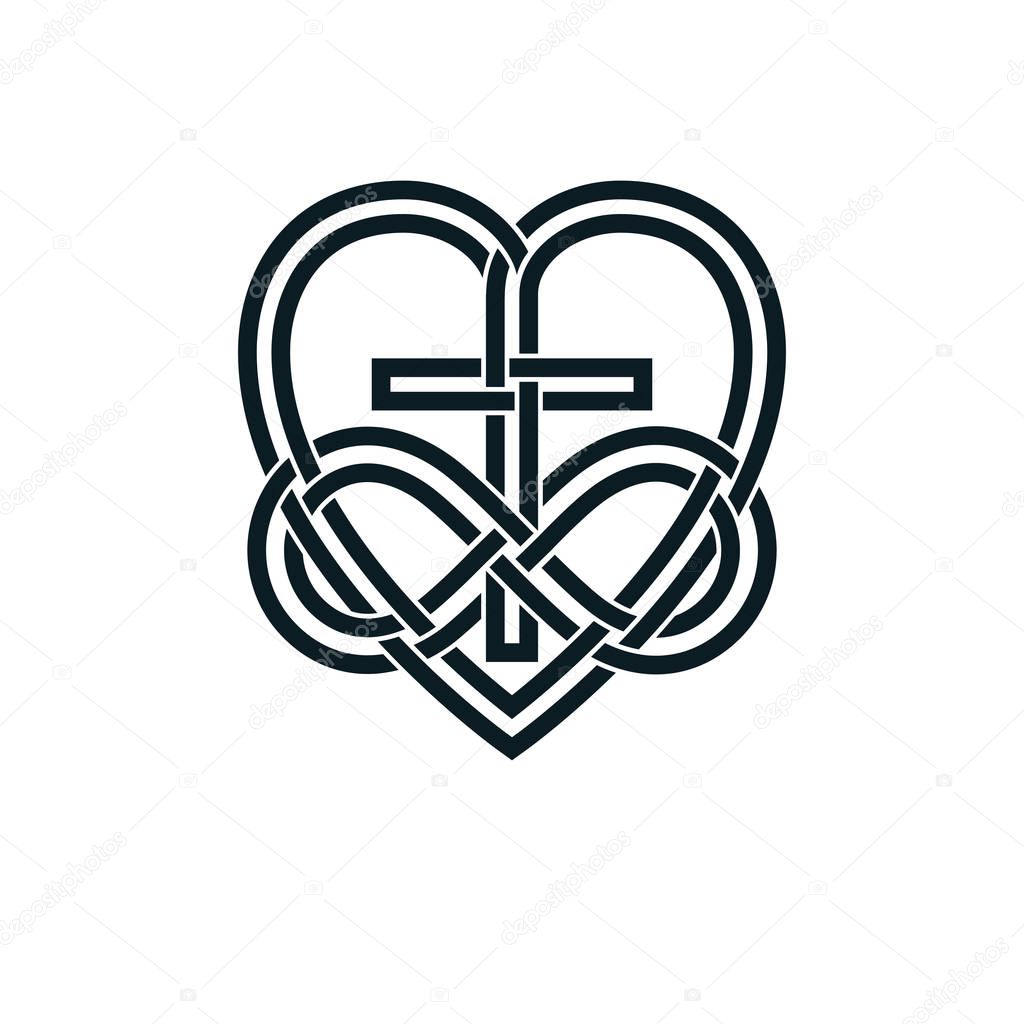 Immortal God Christian Love conceptual logo design combined with infinity loop sign and Christian Cross and heart, vector creative symbol