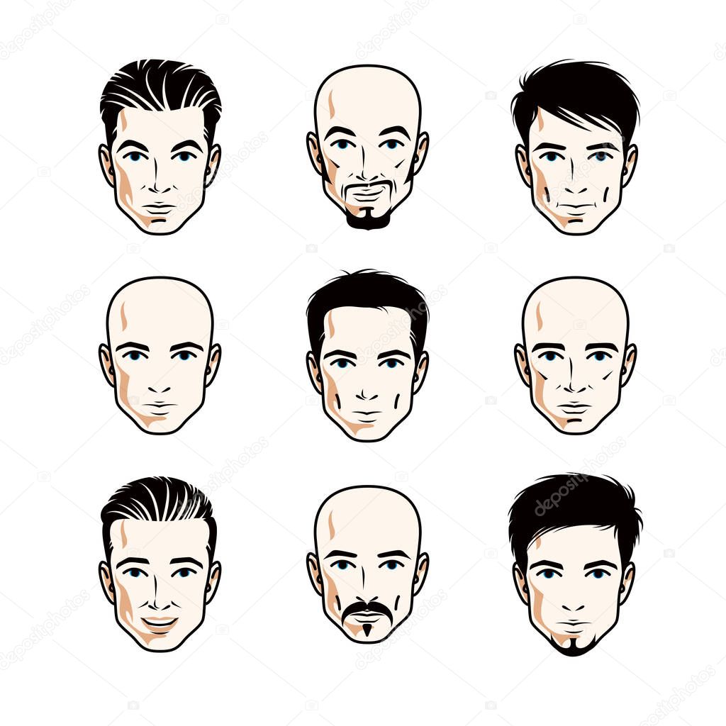 Collection of Caucasian men faces expressing different emotions, vector human head illustrations.