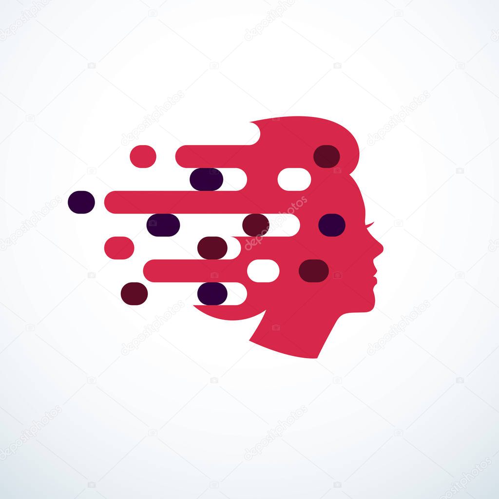 Brainstorm concept, vector design of human head profile with thoughts moving fast. Vector logo or icon template.
