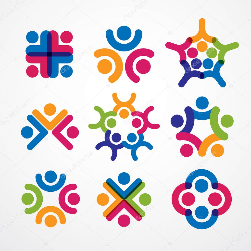 Teamwork and friendship concepts created with simple geometric elements as a people crew. Vector icons or logos set. Unity and collaboration ideas, dream team of business people colorful designs.