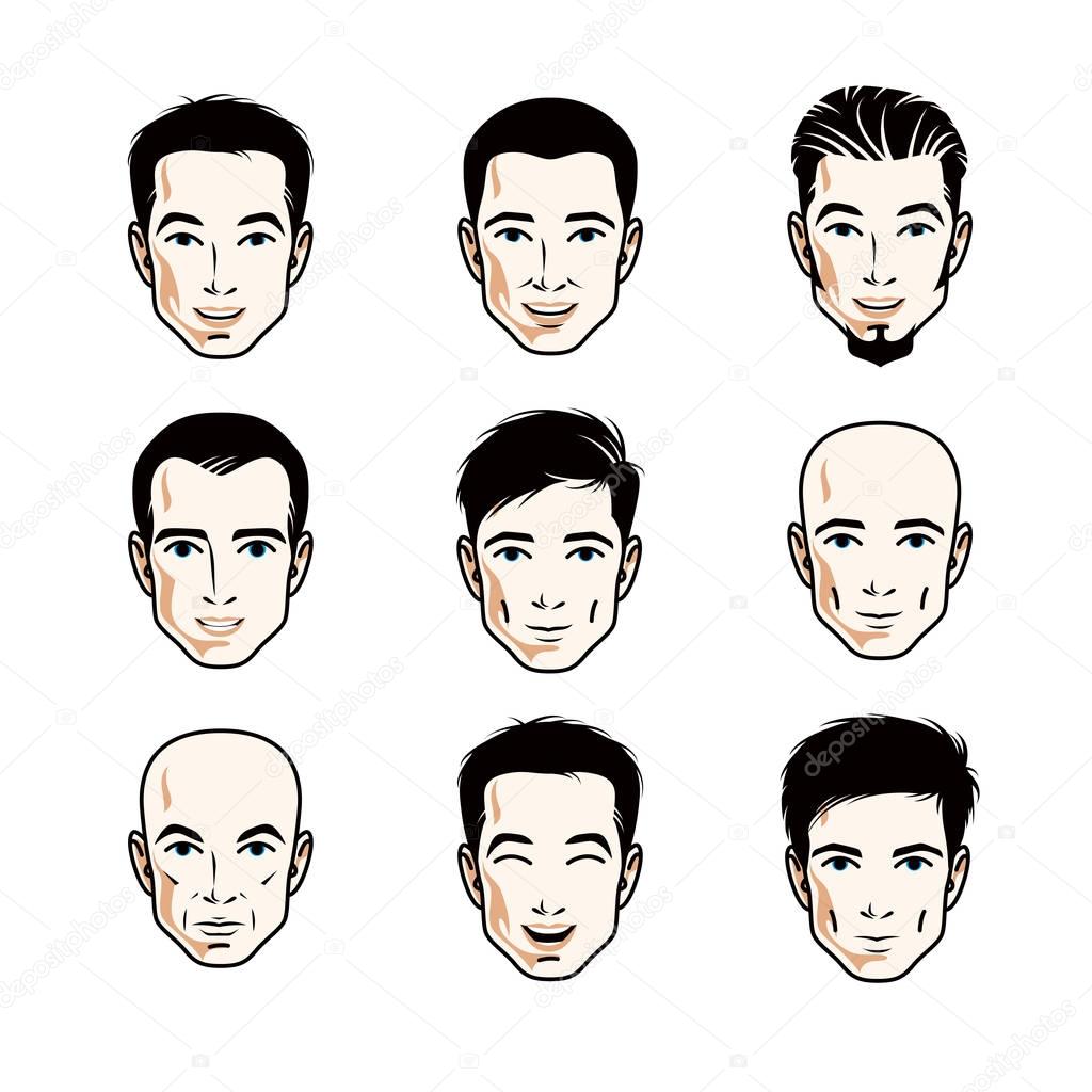 Set of men faces, human heads. Different vector characters like brunet, bald, with whiskers or bearded, handsome males.