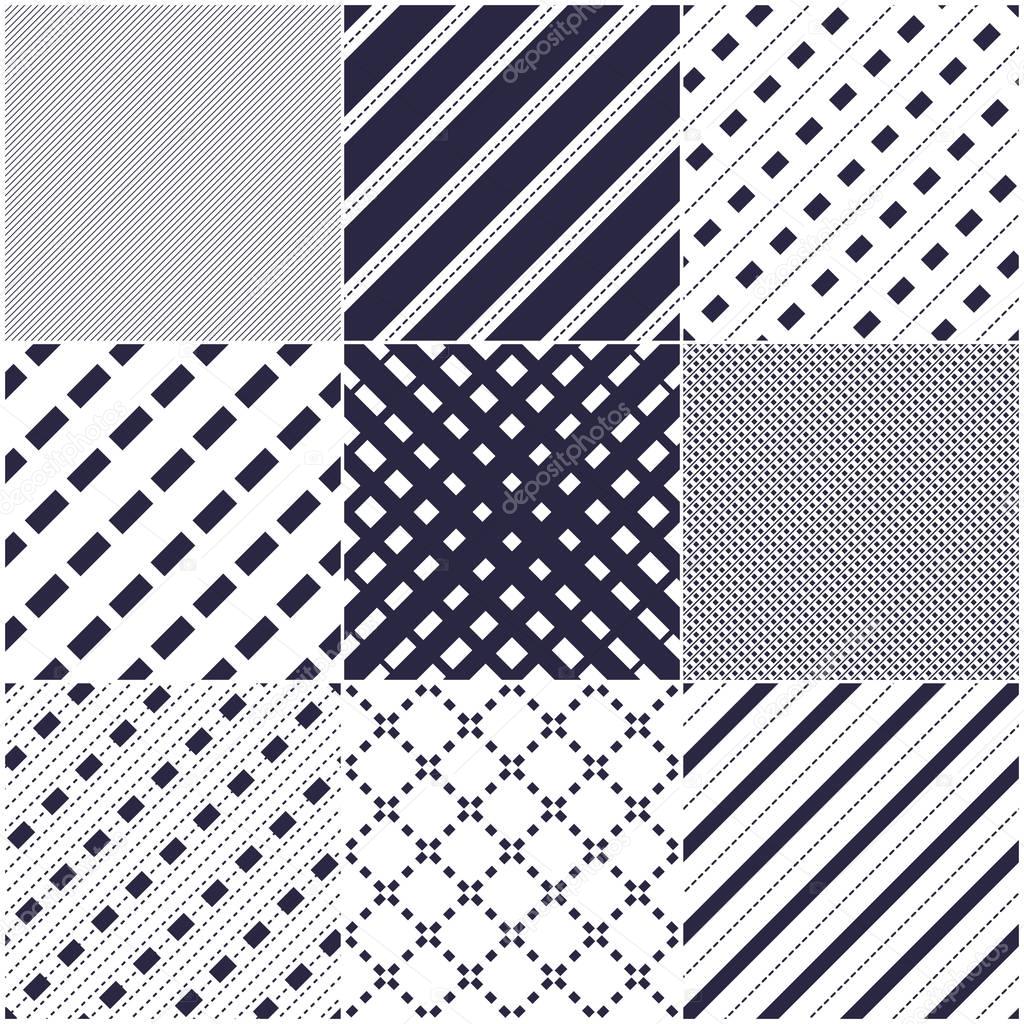 Minimal lines vector seamless patterns set, abstract backgrounds collection. Simple geometric designs. Seamless lines vector minimalistic arts. Crossed lines grid, diagonal lines, dashed lines, dotted ornaments.