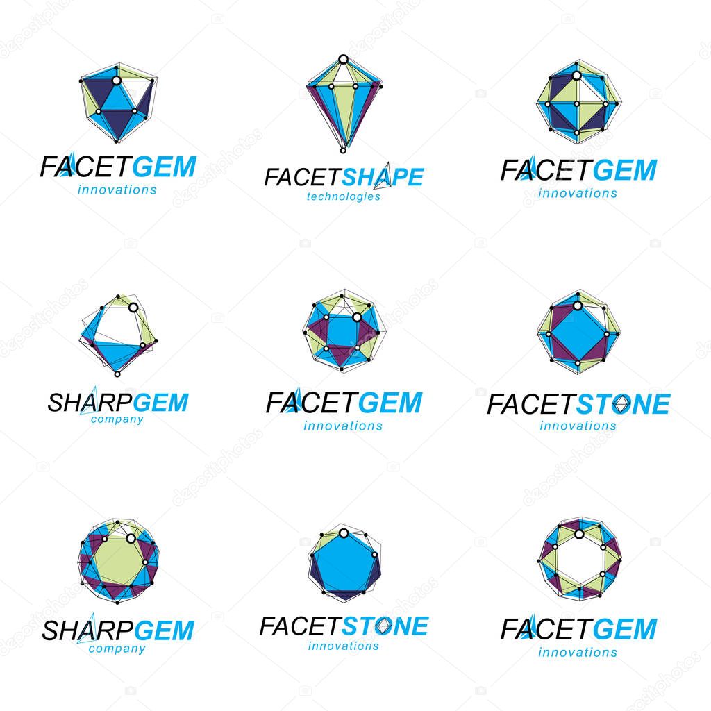 3d vector digital wireframe objects created with lines mesh. Low poly shapes collection, lattice forms. Set of gemstone icons. Graphic design.