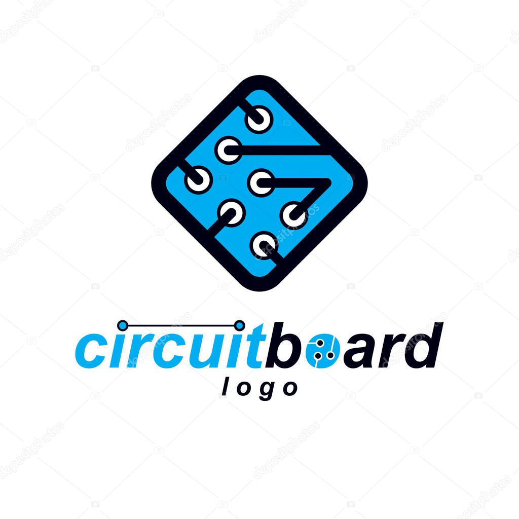 Vector technology cpu design with square microprocessor scheme. Computer circuit board, digital element. Technology microchip logo.