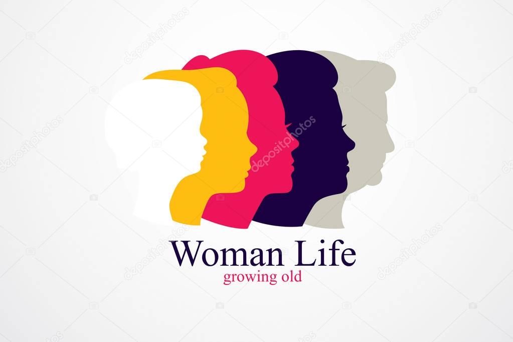 Woman life age years concept, the time of life, periods and cycle of life, growing old, maturation and aging, one generation and age categories. Vector simple classic icon or logo design.